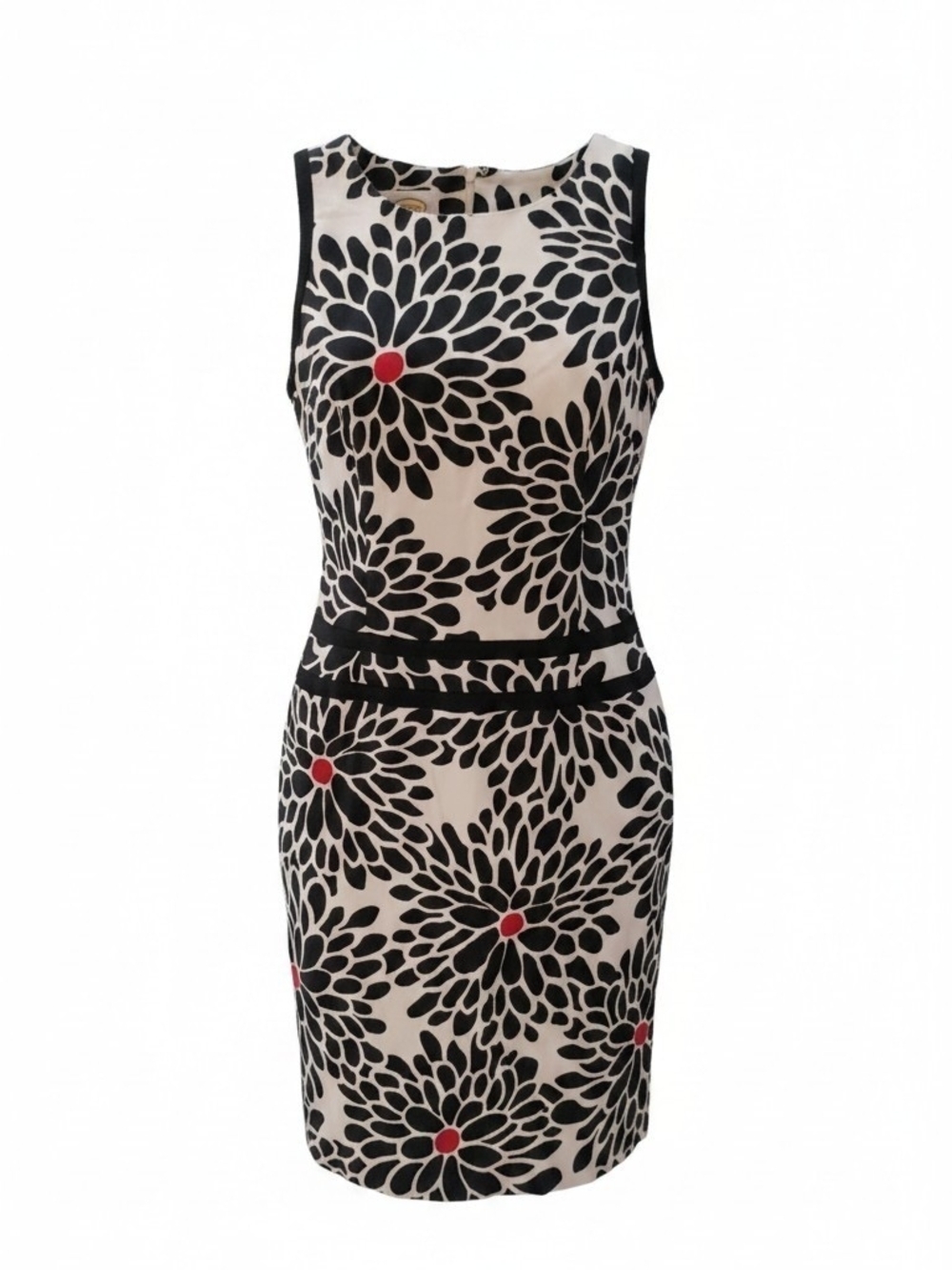 Talbots Petites Black & White Sleeveless Sheath Dress w Red Floral Print SZ 8